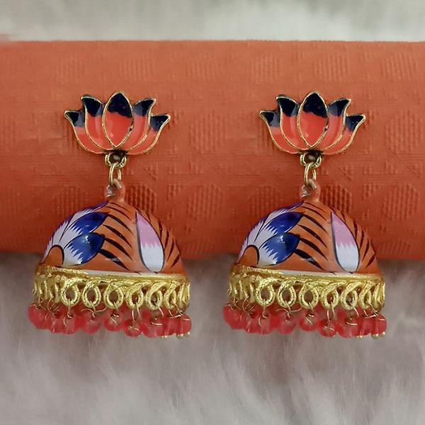 Kriaa Orange Meenakari Lotus Jhumka Earrings - 1314428J