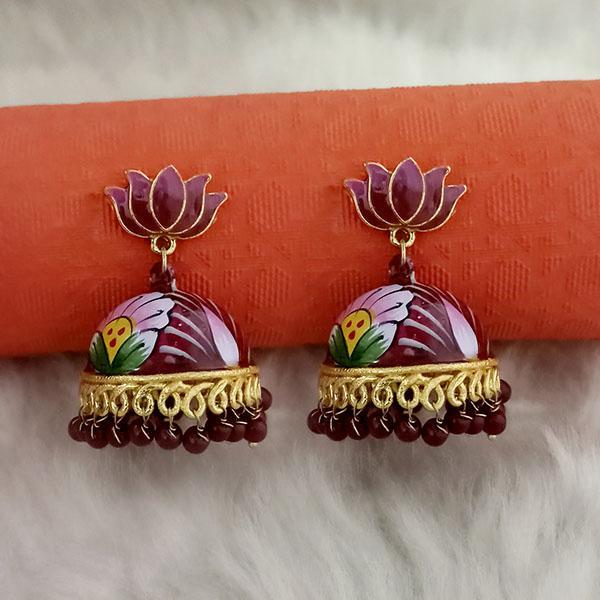 Kriaa Maroon Meenakari Lotus Jhumka Earrings - 1314428K
