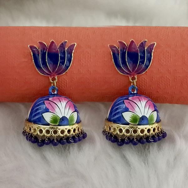 Kriaa Blue Meenakari Lotus Jhumka Earrings - 1314429A