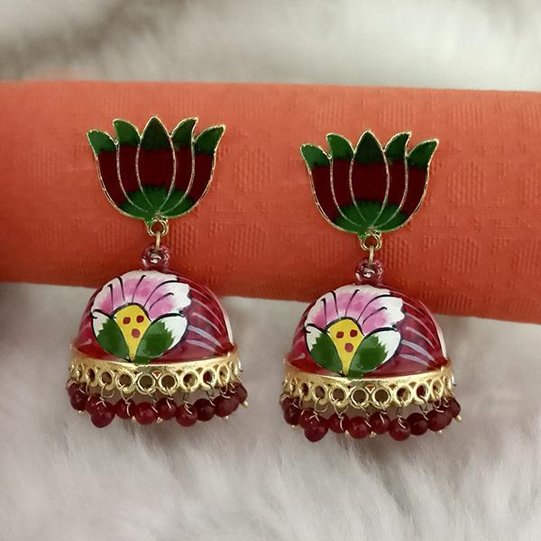 Kriaa Maroon Meenakari Lotus Jhumka Earrings - 1314429B