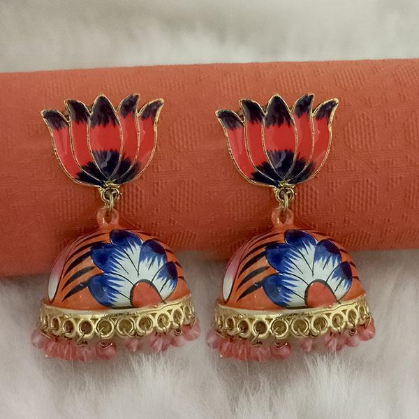 Kriaa Orange Meenakari Lotus Jhumka Earrings - 1314429C