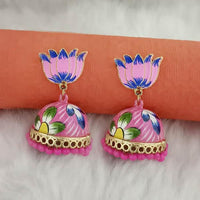 Kriaa Pink Meenakari Lotus Jhumka Earrings - 1314429D