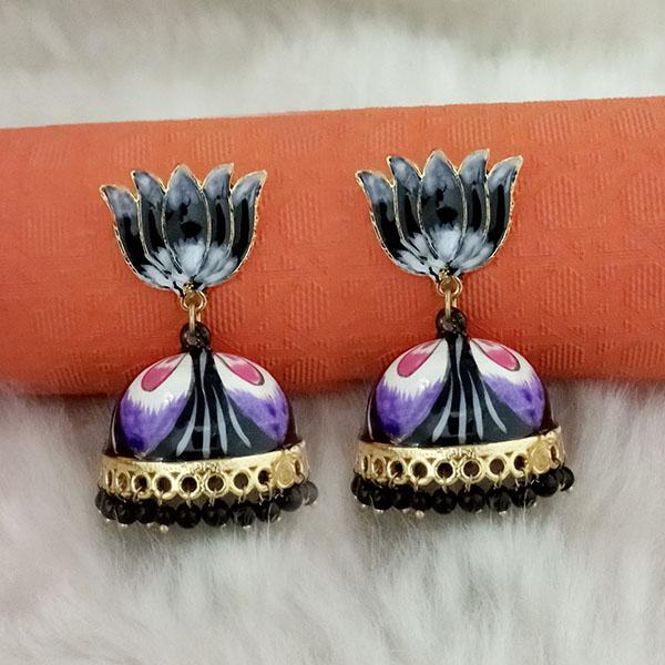 Kriaa Black Meenakari Lotus Jhumka Earrings - 1314429E