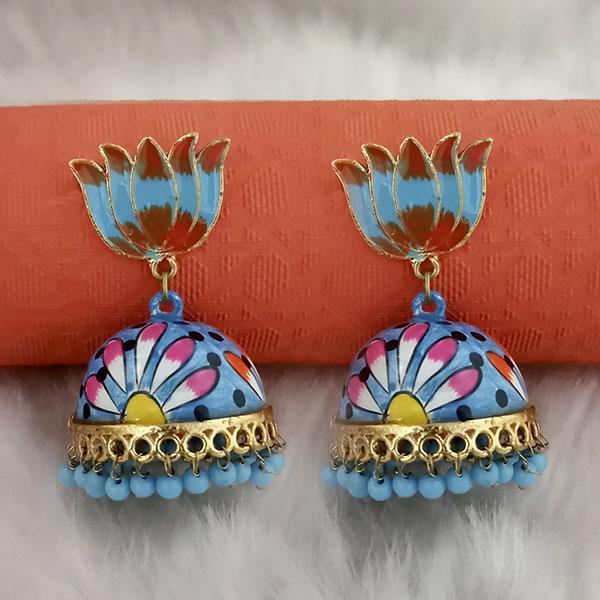 Kriaa Blue Meenakari Lotus Jhumka Earrings - 1314429H