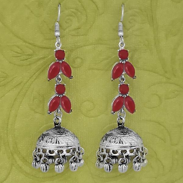 Jeweljunk Silver Plated Red Stone Jhumki Earrings - 1314593A