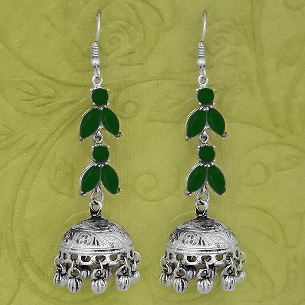 Jeweljunk Silver Plated Green Stone Jhumki Earrings - 1314593C