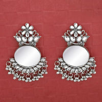 Jeweljunk White Kundan Silver Plated Mirror Dangler Earrings - 1314709