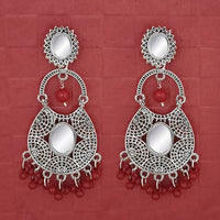 Jeweljunk Silver Plated Maroon Beads Mirror Dangler Earrings - 1314747C