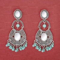 Jeweljunk Silver Plated Blue Beads Mirror Dangler Earrings - 1314747D