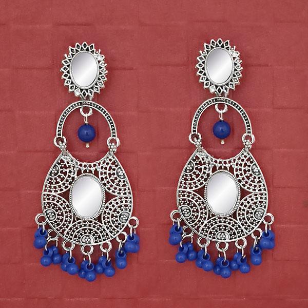 Jeweljunk Silver Plated Blue Beads Mirror Dangler Earrings - 1314747J