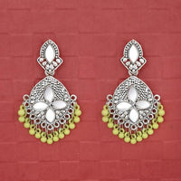 Jeweljunk Silver Plated Green Beads Mirror Dangler Earrings - 1314748B