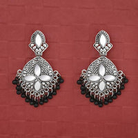 Jeweljunk Silver Plated Black Beads Mirror Dangler Earrings - 1314748J