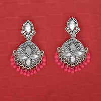 Jeweljunk Silver Plated Pink Beads Mirror Dangler Earrings - 1314748K