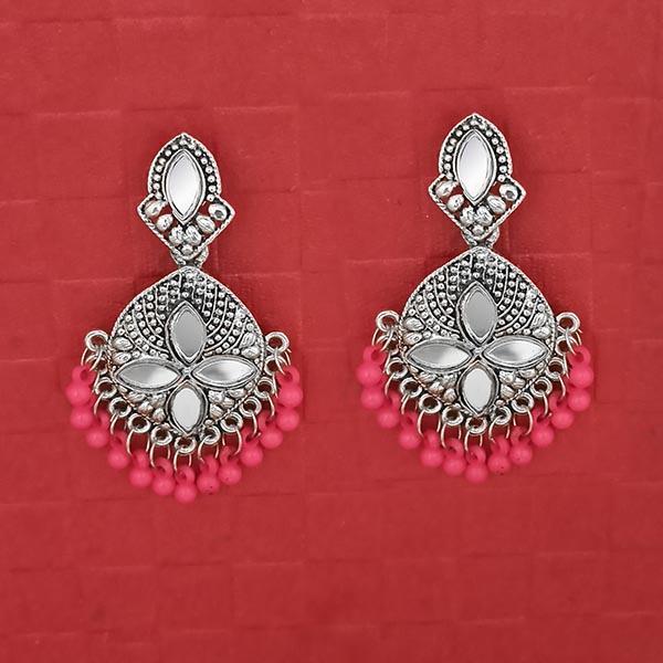 Jeweljunk Silver Plated Pink Beads Mirror Dangler Earrings - 1314748K