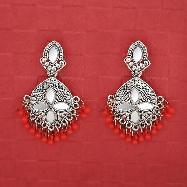 Jeweljunk Silver Plated Red Beads Mirror Dangler Earrings - 1314748L