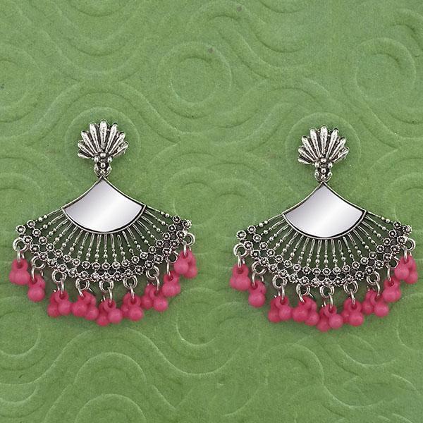 Jeweljunk Silver Plated Pink Beads Mirror Jhumki Earrings - 1314788E