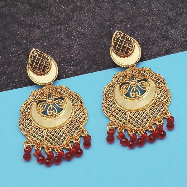 Jeweljunk Gold Plated Maroon Beads Mirror Dangler Earrings - 1314798C