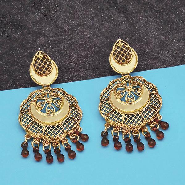 Jeweljunk Gold Plated Brown Beads Mirror Dangler Earrings - 1314798K