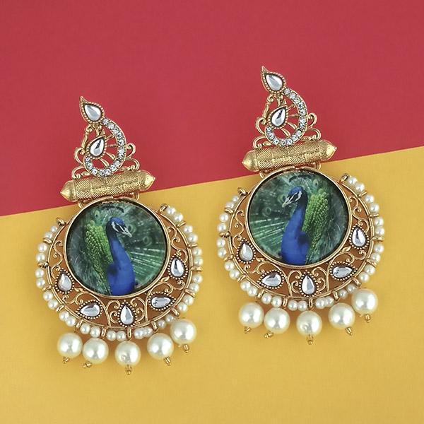 Kriaa Pearl Gold Plated Kundan Peacock Design Dangler Earrings - 1315121