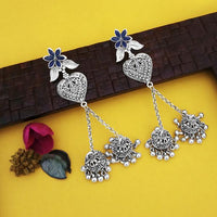 Jeweljunk Oxidised Plated Blue Stone Chain Jhumki Earrings