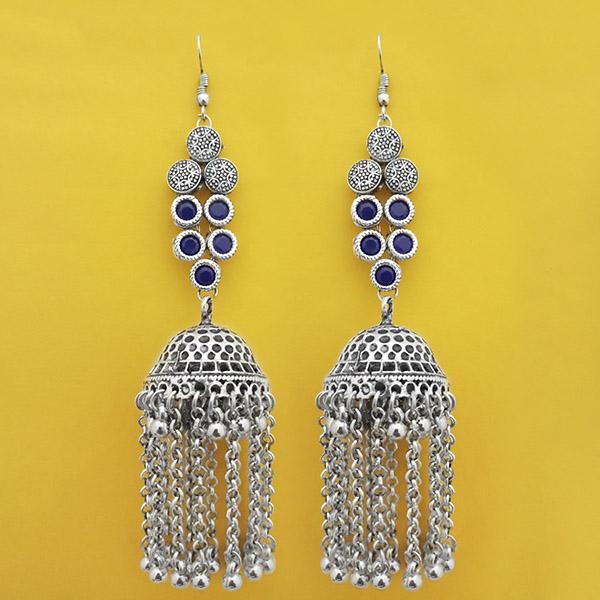 Jeweljunk Oxidised Plated Blue Stone Jhumki Earrings