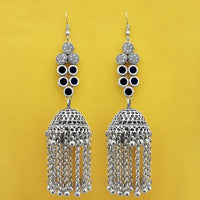 Jeweljunk Oxidised Plated Black Stone Jhumki Earrings
