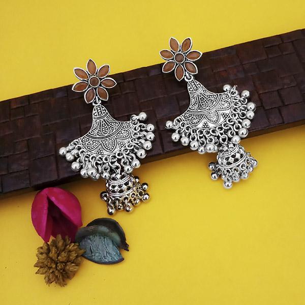 Jeweljunk Oxidised Plated Brown Stone Floral Design Jhumki Earrings