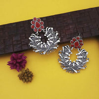 Jeweljunk Maroon Stone Oxidised Plated Dangler Earrings