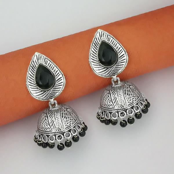 Tip Top Fashions Black Beads Rhodium Plated Jhumki Earrings - 1315336C