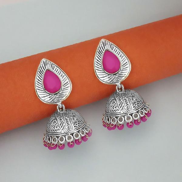 Jeweljunk Pink Beads Rhodium Plated Jhumki Earrings - 1315336E