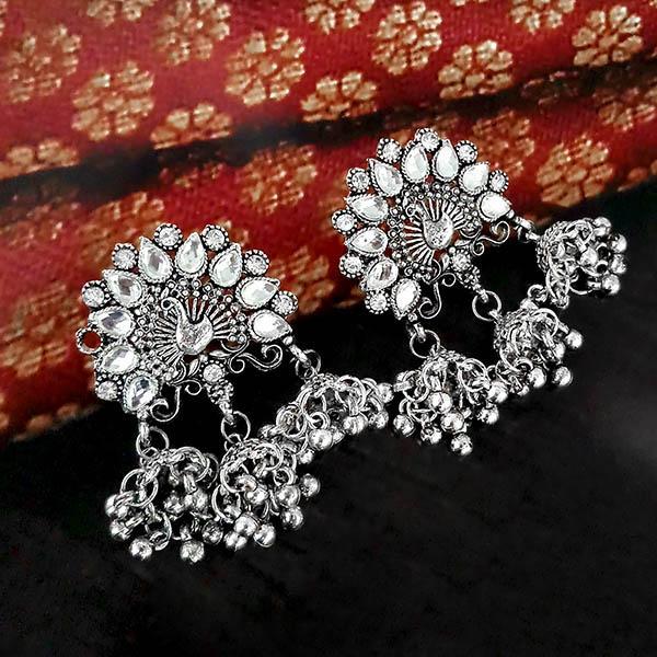 Jeweljunk White Austrian Stone Oxidised Plated Peacock  Jhumki Earrings