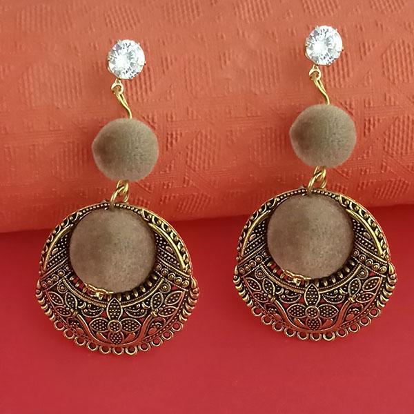 Kriaa Gold Plated Stone And Brown Pom Pom Dangler Earrings - 1315511D