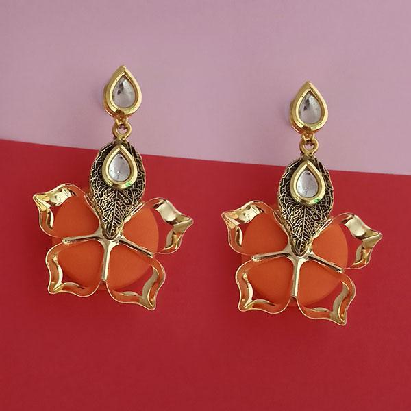 Kriaa Kundan Stone And Orange Wood Dangler Earrings - 1315515D