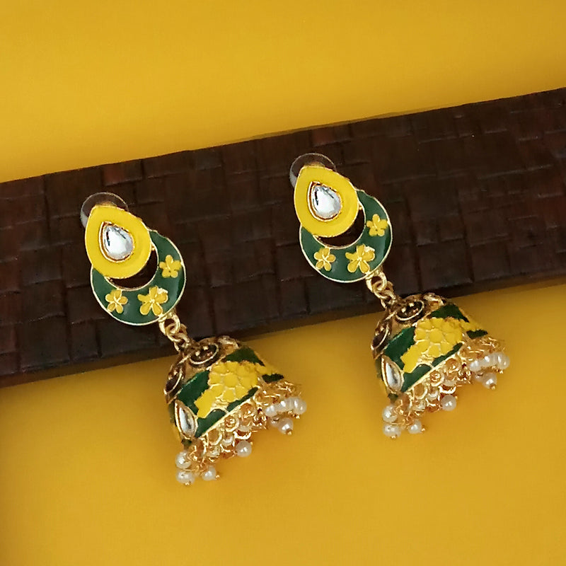 Kriaa Green and Yellow Meenakari Kundan And Pearl Jhumka Earrings