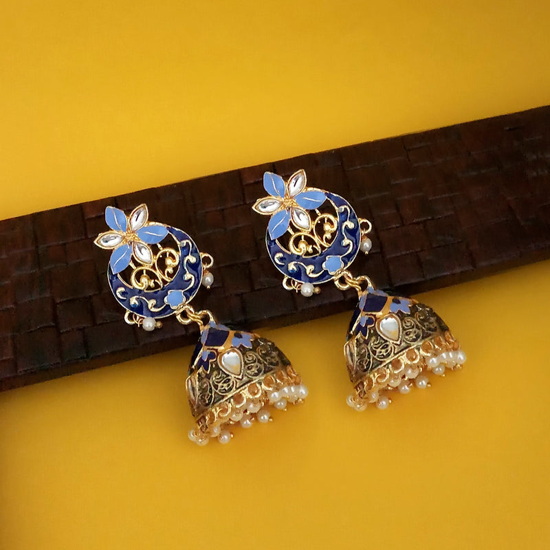 Kriaa Blue Meenakari Kundan And Pearl Jhumka Earrings