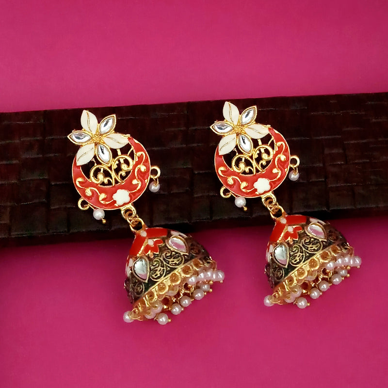 Kriaa Red Meenakari Kundan And Pearl Jhumka Earrings
