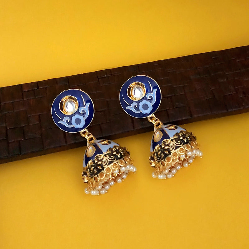 Kriaa Blue Meenakari Kundan And Pearl Jhumka Earrings