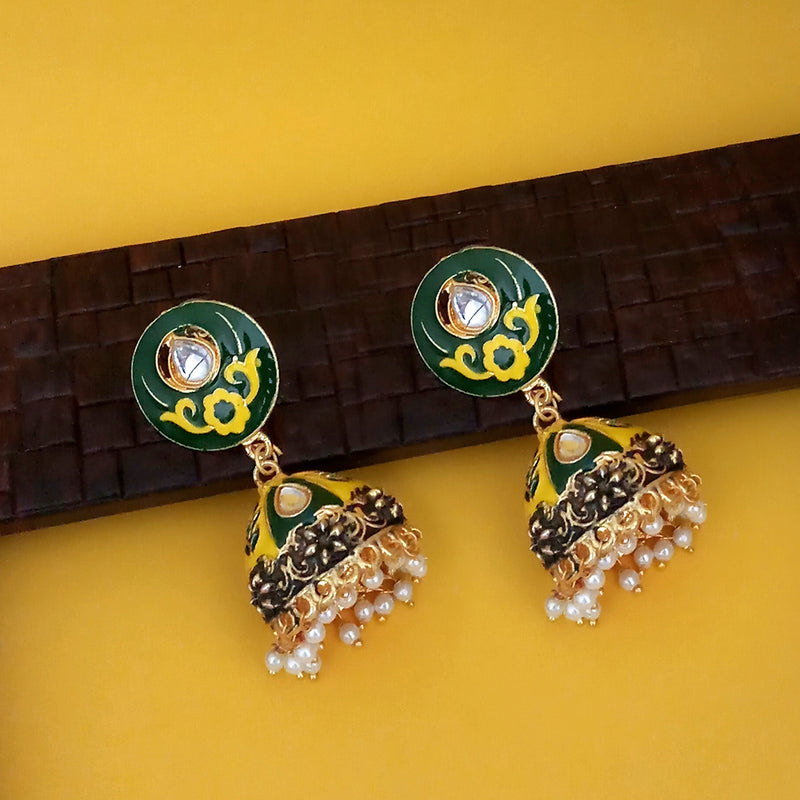 Kriaa Green Meenakari Kundan And Pearl Jhumka Earrings