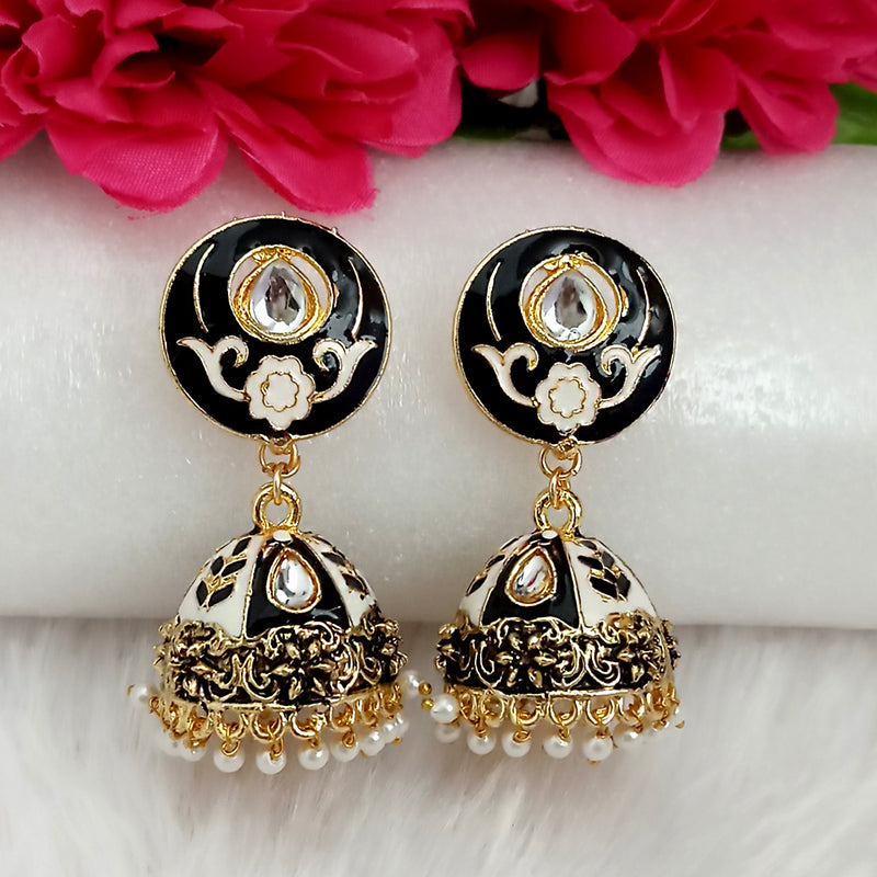 Kriaa Black Meenakari Kundan And Pearl Jhumka Earrings