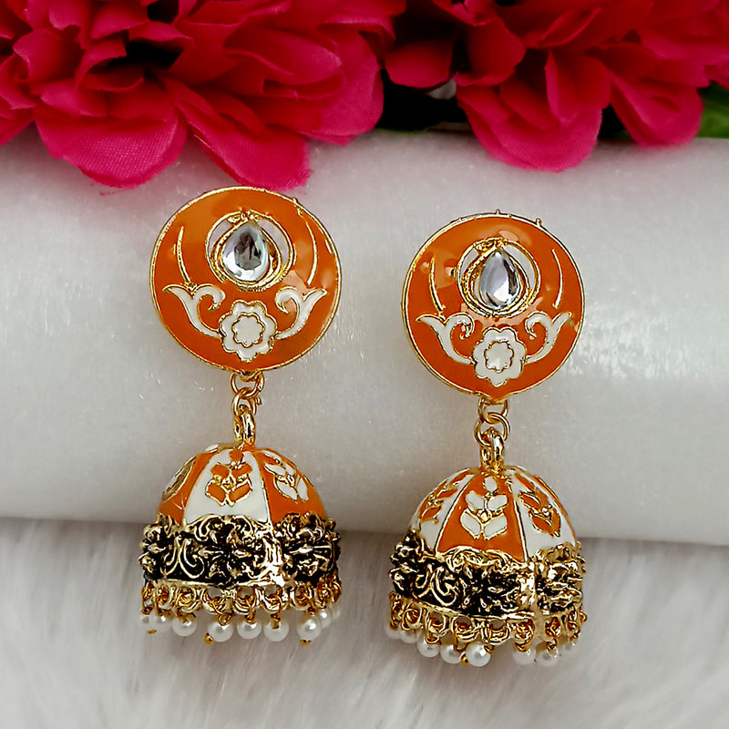 Kriaa Orange Meenakari Kundan And Pearl Jhumka Earrings