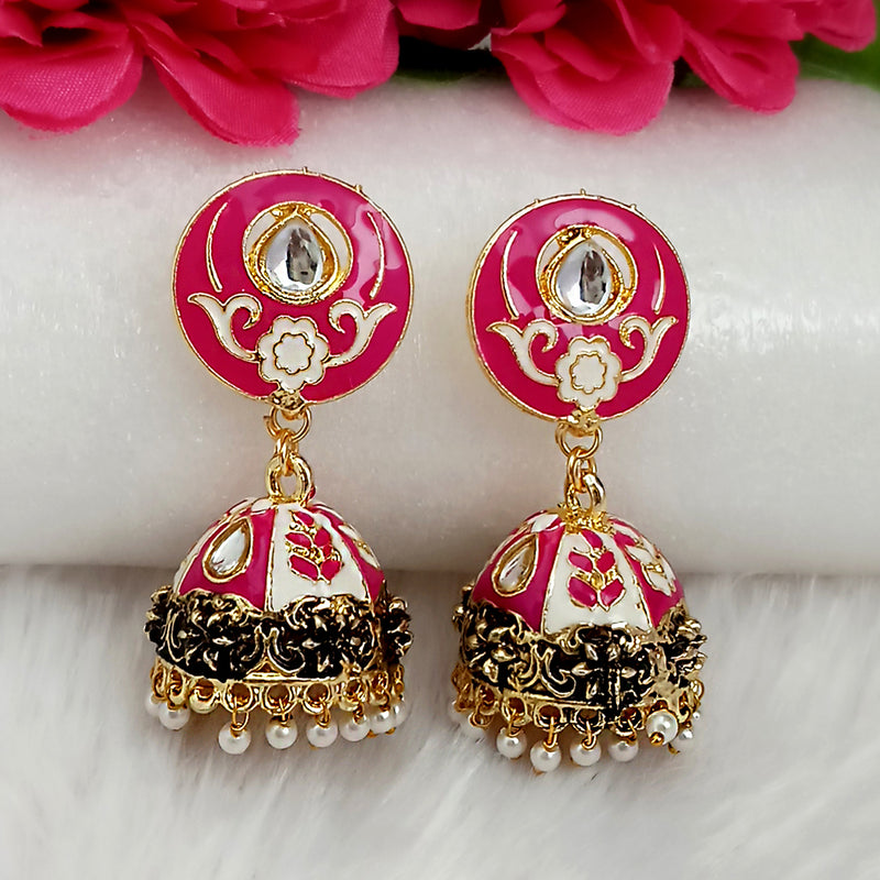 Kriaa Pink Meenakari Kundan And Pearl Jhumka Earrings