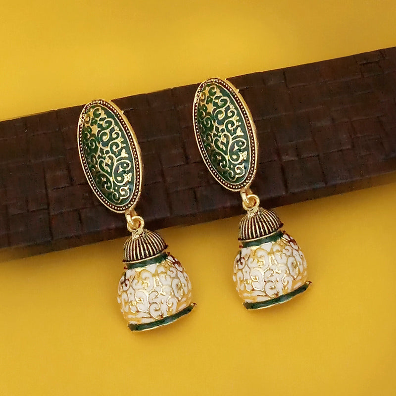 Kriaa Gold Plated Green Meenakari Jhumka Earrings