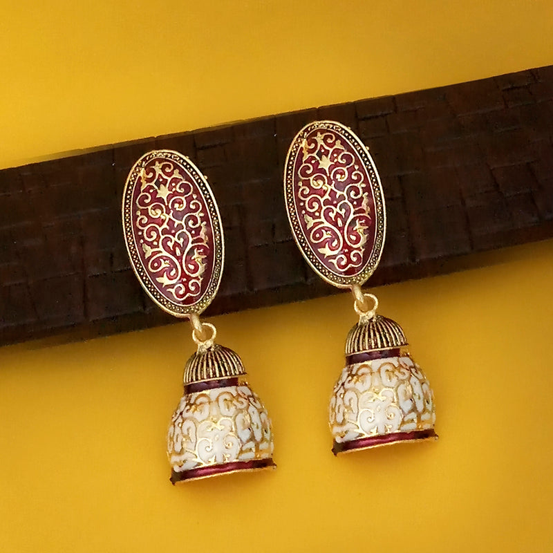 Kriaa Gold Plated Maroon Meenakari Jhumka Earrings