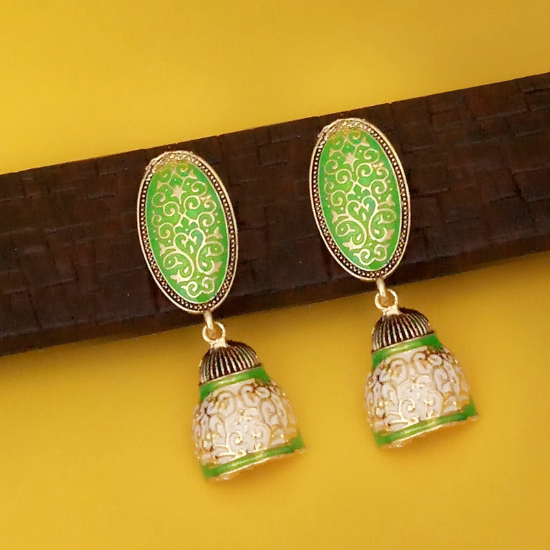 Kriaa Gold Plated Green Meenakari Jhumka Earrings