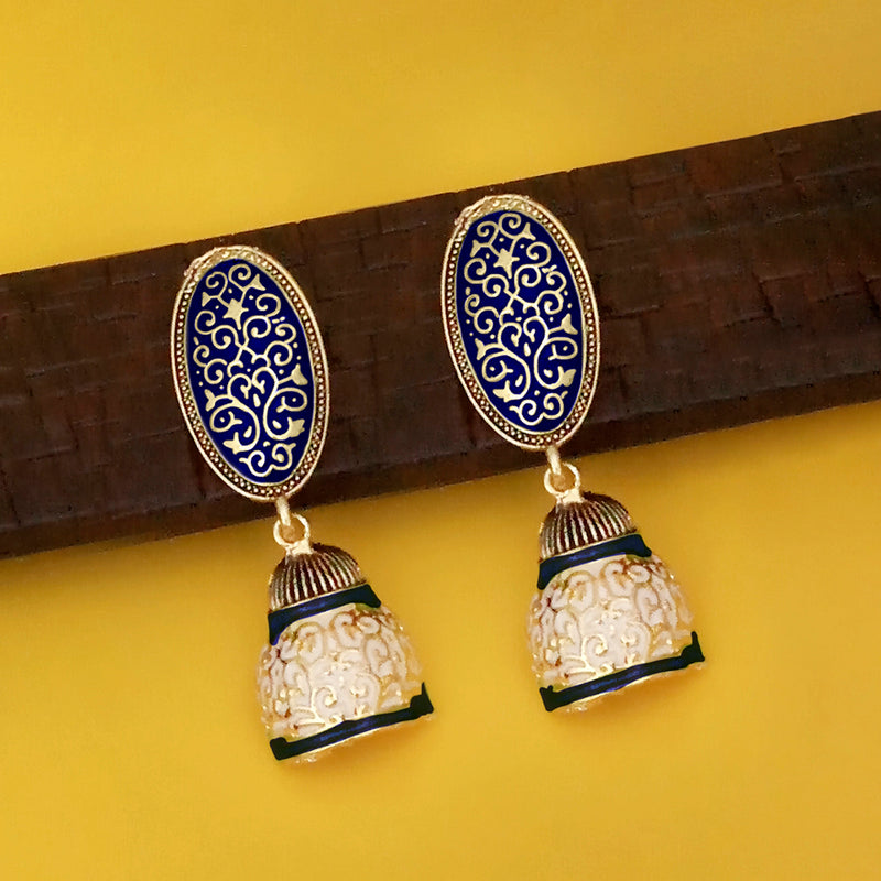 Kriaa Gold Plated Blue Meenakari Jhumka Earrings