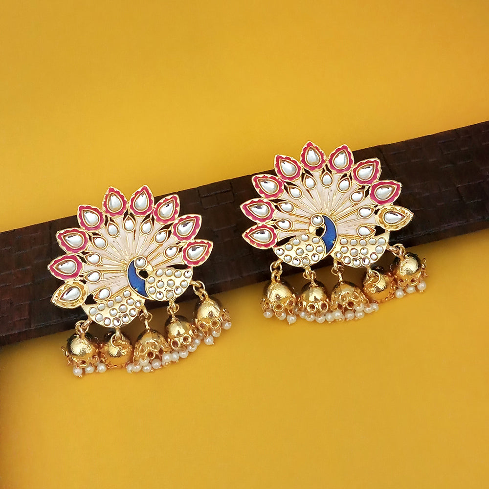 Kriaa Red Meenakari Kundan And Pearl Peacock Dangler Earrings