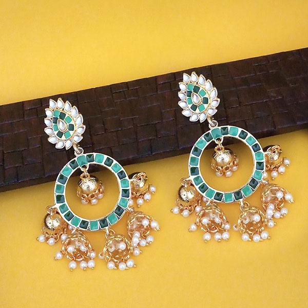 Kriaa Gold Plated Green Kundan Dangler Jhumki Earrings - 1316322I