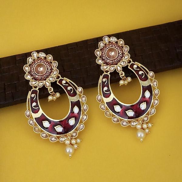 Kriaa Maroon Meenakari Gold Plated Kundan Dangler Earrings - 1316327I