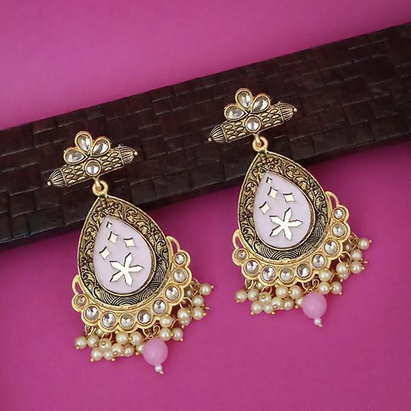 Kriaa Pink Meenakari Gold Plated Kundan Dangler Earrings  - 1316337E