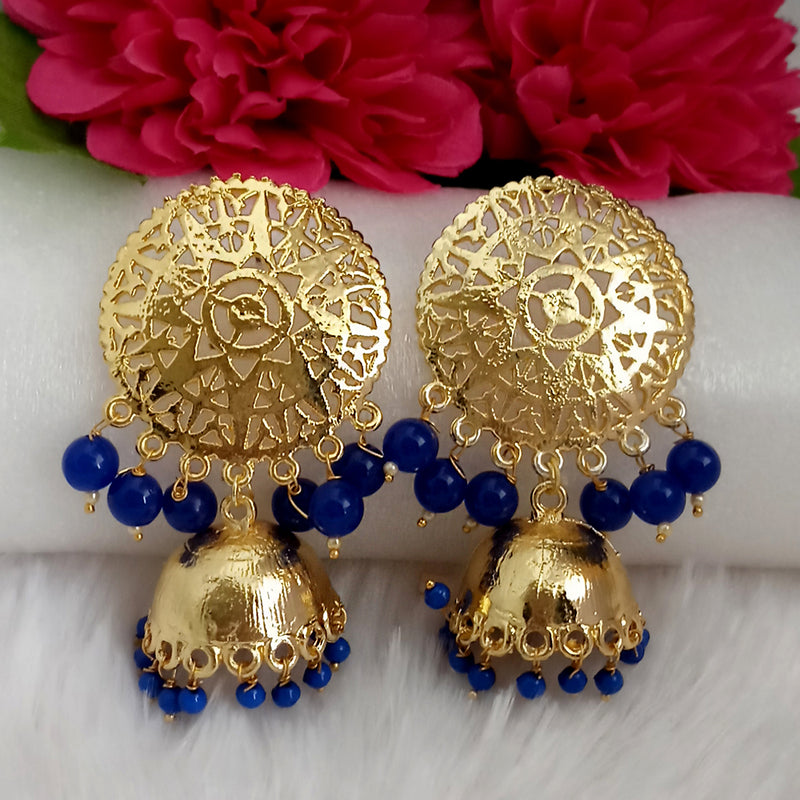 Kriaa Blue Beads Gold Plated Jhumka Earrings